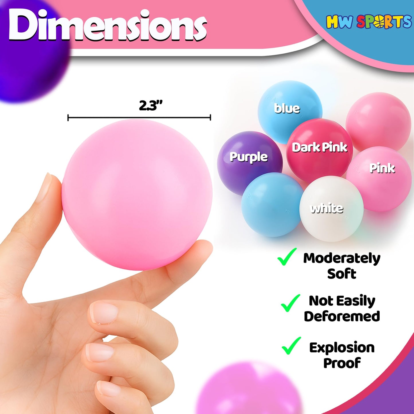 MW SPORTS Play Balls for Ball Pit, Plastic Crush Proof, Phthalate & BPA Free, Pastel Colors. (100 Balls)