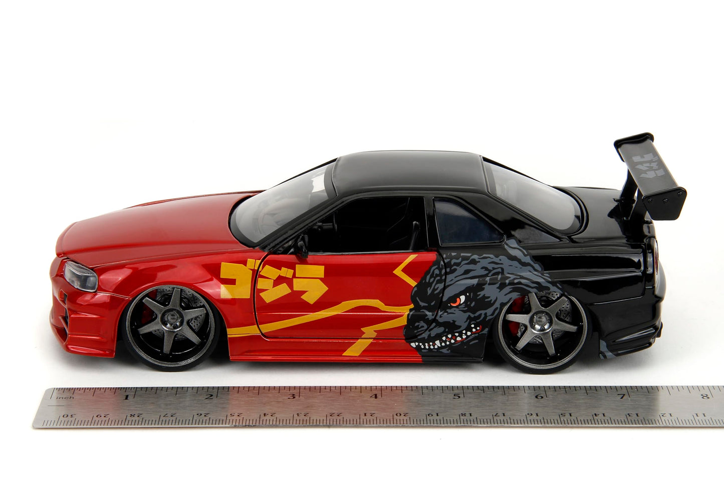Jada Godzilla 2003 Nissan Skyline GTR R34 - 1:24 Scale Die-Cast, Opening Doors, Hood, Trunk, Rubber Tires - Collectible for Adults - Toho Licensed