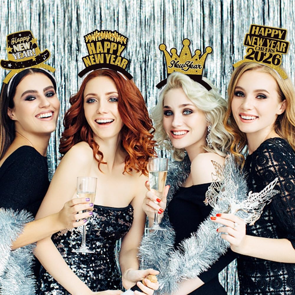 KALOR Sparkling 2026 New Year Headbands 6-Pack, Black Gold Glitter Party Headbands for New Year's Eve Party Supplies, Countdown Parties, No Assembly