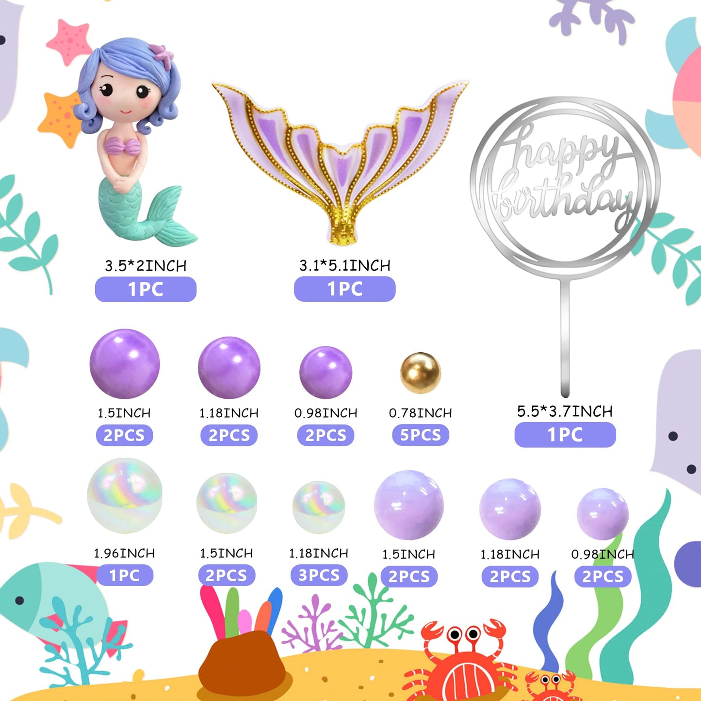 Mermaid Cake Toppers Under the Sea Tail Cake Decorations Gold Purple Pearl Ball for Mermaid Theme Birthday Supplies (Style 2)