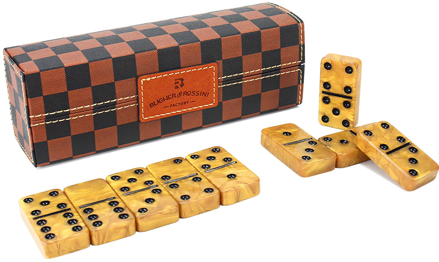 Vovotuzzi Dominos Set for Adults, Thick Domino, Double 6 Dominoes Set for Adults and Kids, 28 Marbleized Gold Tiles in Brown Leather Case, Travel