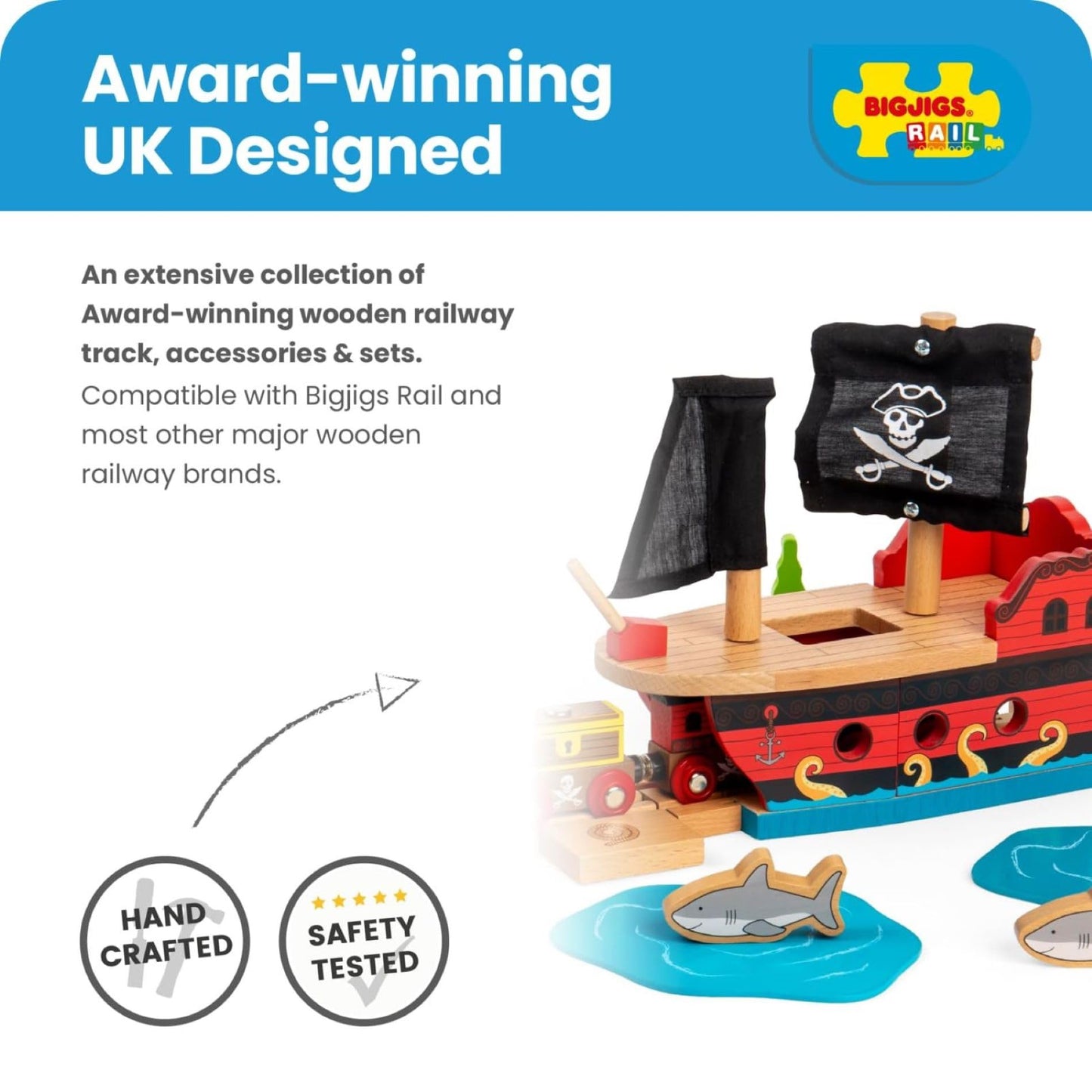 Bigjigs Rail Wooden Pirate Ship Galleon - Pirate Accessories for Wooden Train Sets, Bigjigs Train Accessories, Pirate Ship Toys for Kids, Wooden Toys