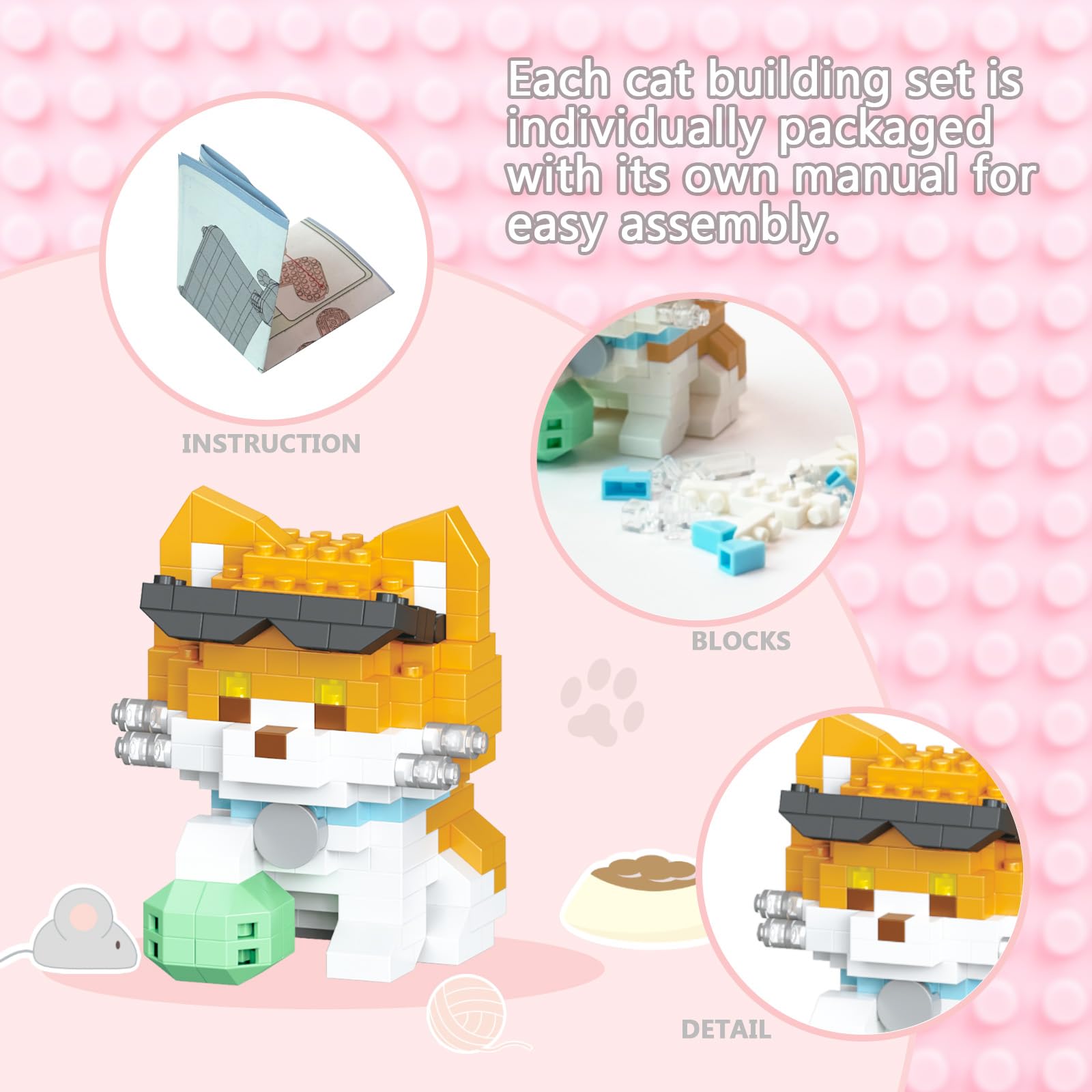 TENYEAH 10 Packs Mini Building Blocks Cats Set, Cat Building Kit Party Favors Toy, Interlocking Bricks, DIY Animal Figure Creative Birthday Gifts