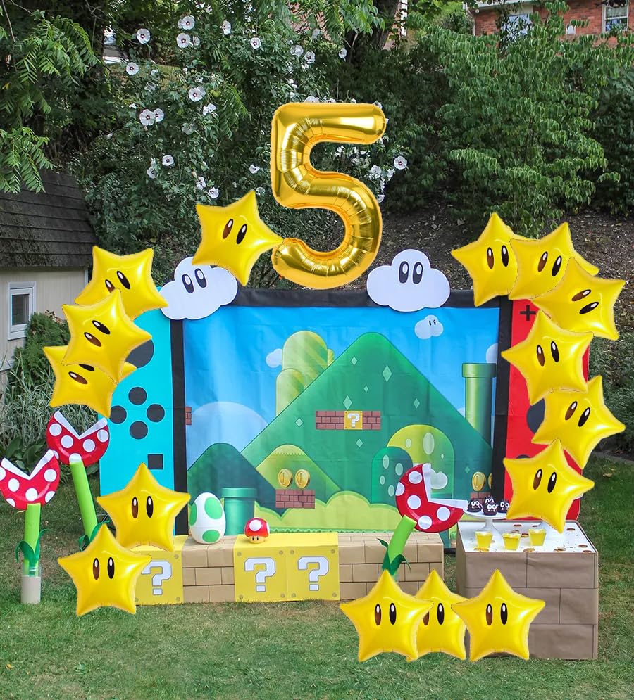 16PCS Foil Star Balloons, 40Inch Number 5 and Star Foil Balloons For Game Theme 5th Birthday Party Decorations Children Party Supply Party Decor ?5th?