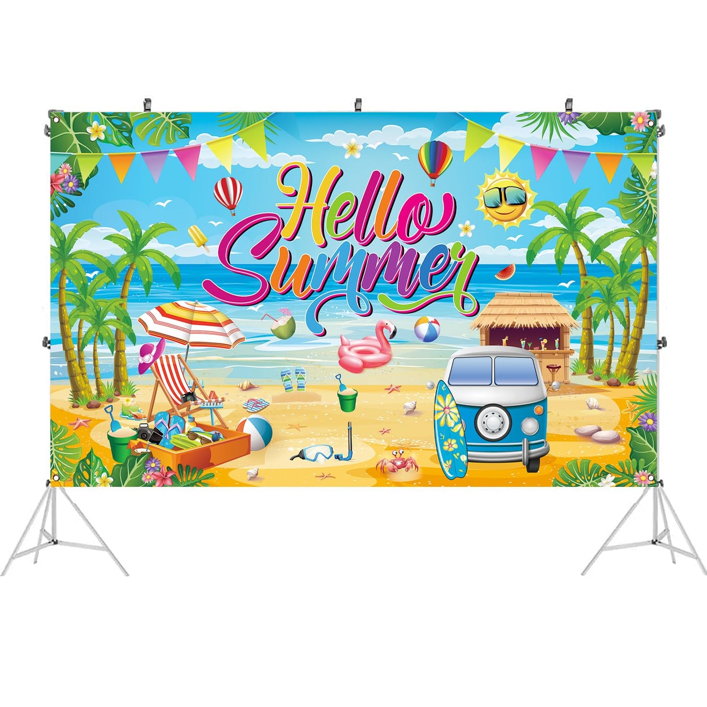 Summer Party Decorations, Hello Summer Beach Party Backdrop Banner for Hello Summer Decorations, 71 x 43 inch