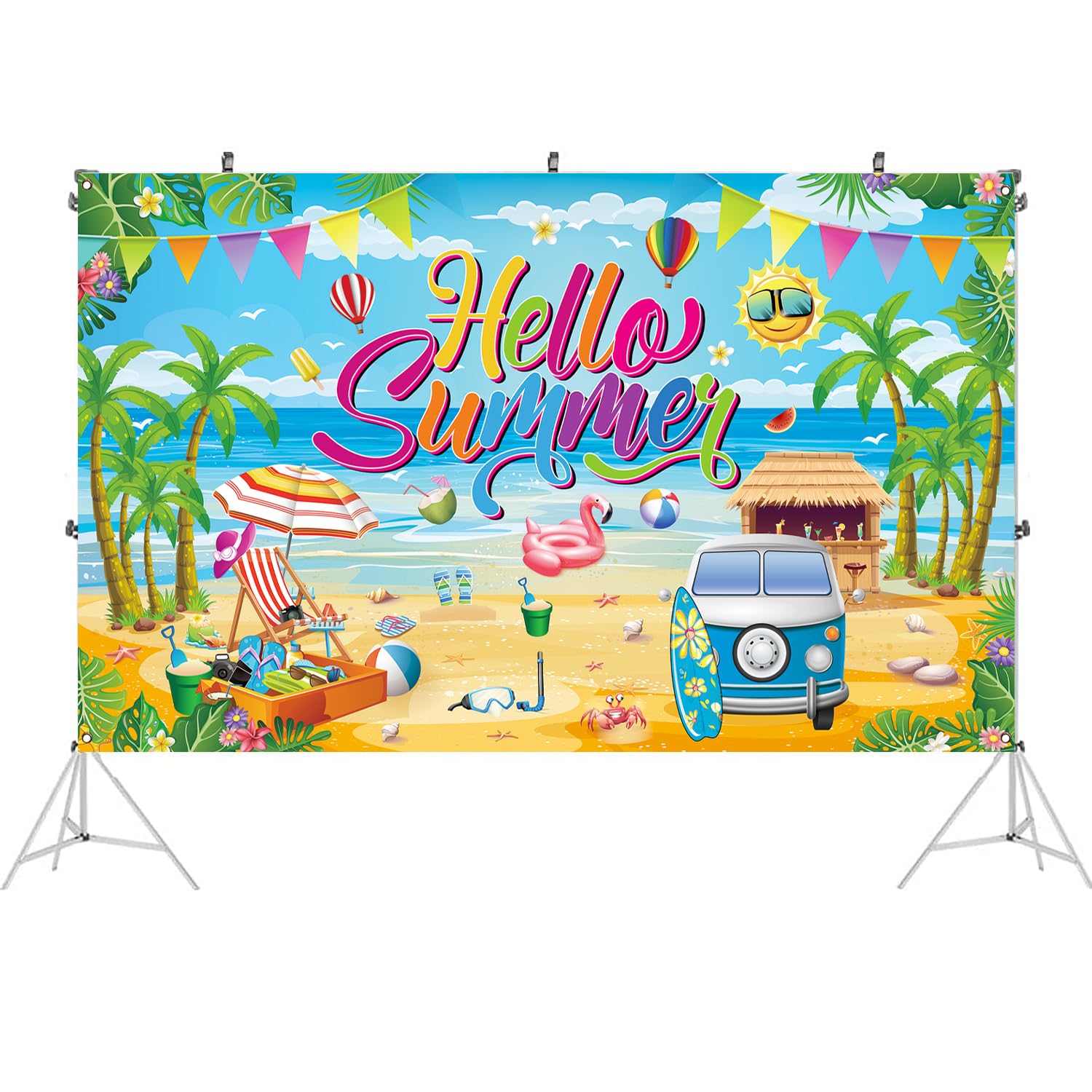 Summer Party Decorations, Hello Summer Beach Party Backdrop Banner for Hello Summer Decorations, 71 x 43 inch