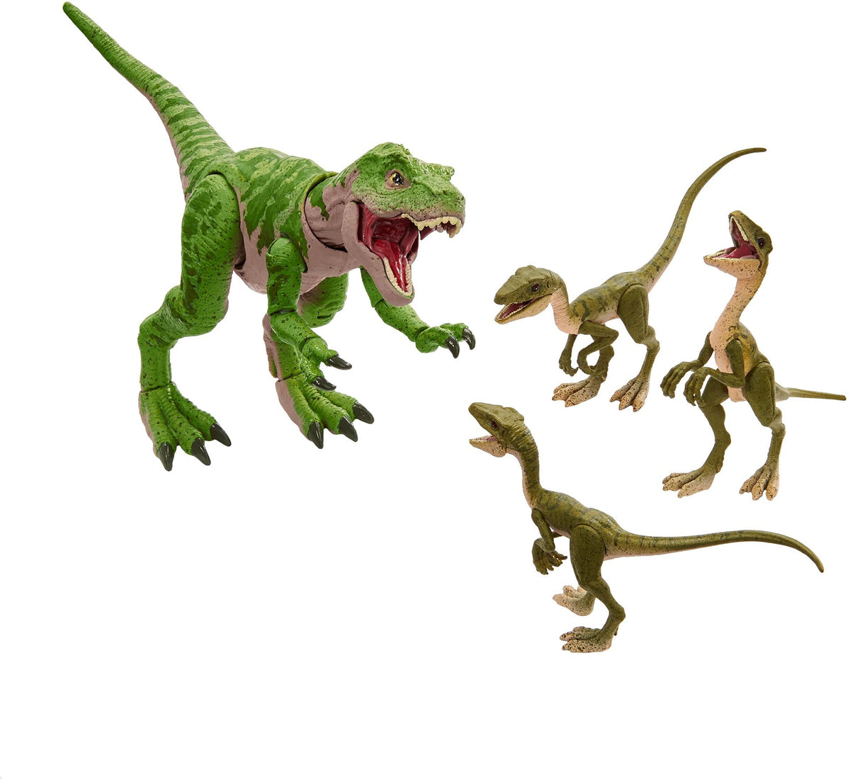 Jurassic World Toys Amber Collection Baby T Rex & 3 Compsognathus Compy Dinosaur Figures Jurassic Park II Toy with Posable Joints, Authentic Look &