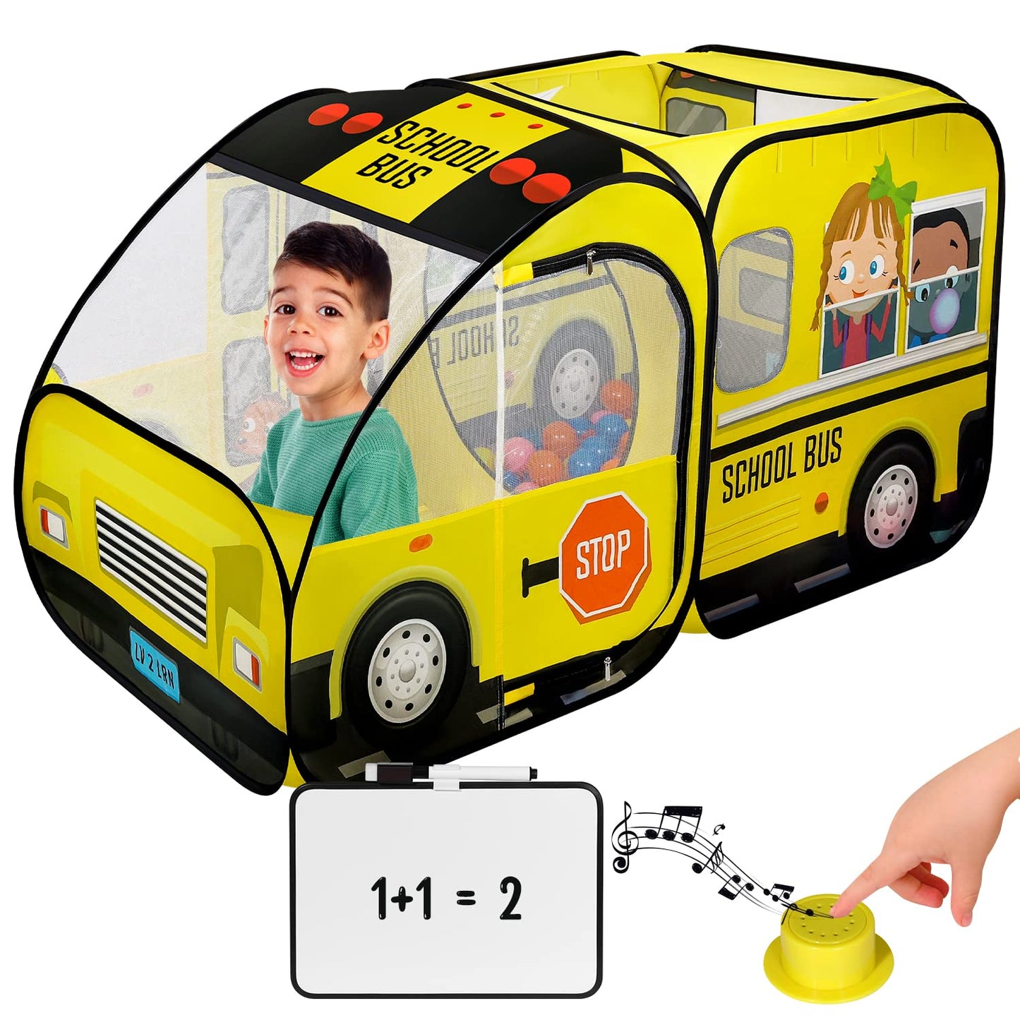 School Bus Pop-Up Kids Tent with Sound Play Button, Ball Pit for Toddler & Up - Easy Setup Tent for Indoor & Outdoor, Daycare Playground Activities