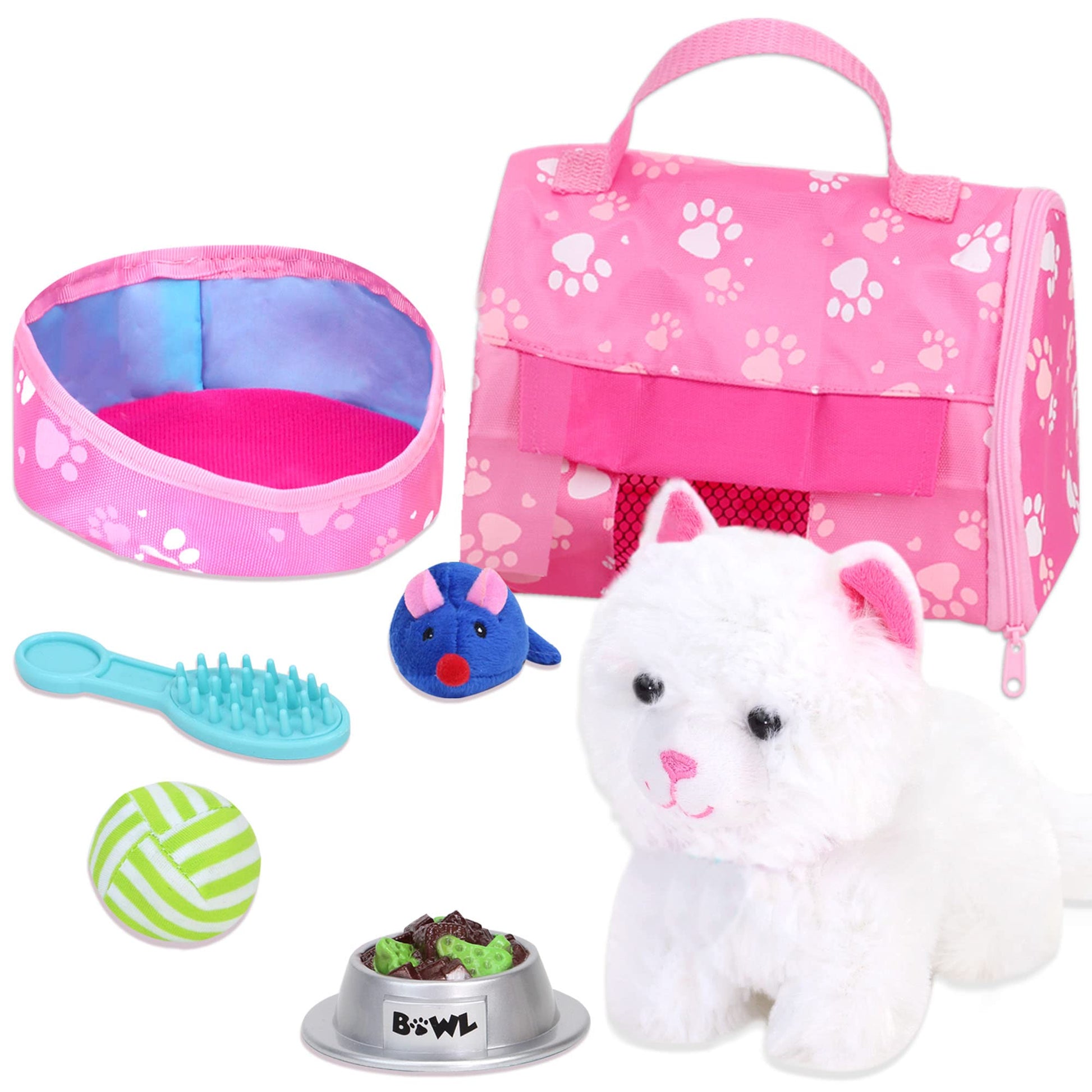 Sophia's 18" Doll 10 pc. White Plush Kitten, Carrier, and Accessories