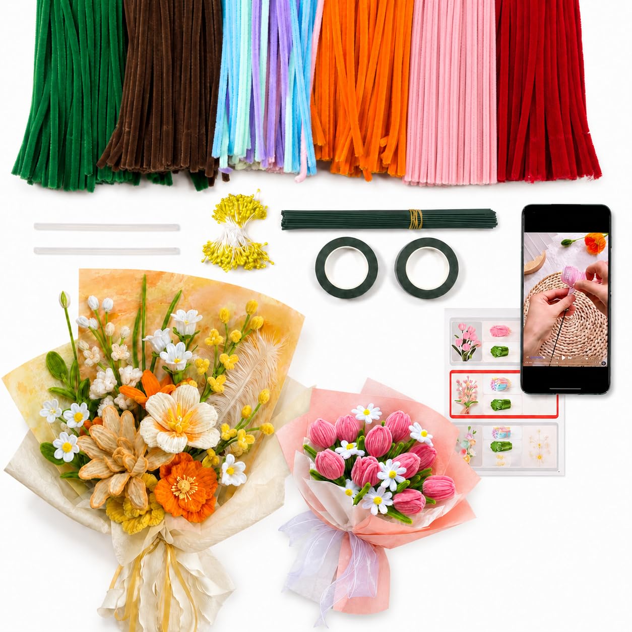 Anpyxun Pipe Cleaner Flower Kit for Adults, 600 PCS All-in-One Chenille Stems Flower Bouquet Making Kit with Video Tutorials, 6 Colors Forever Flower