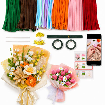 Anpyxun Pipe Cleaner Flower Kit for Adults, 600 PCS All-in-One Chenille Stems Flower Bouquet Making Kit with Video Tutorials, 6 Colors Forever Flower