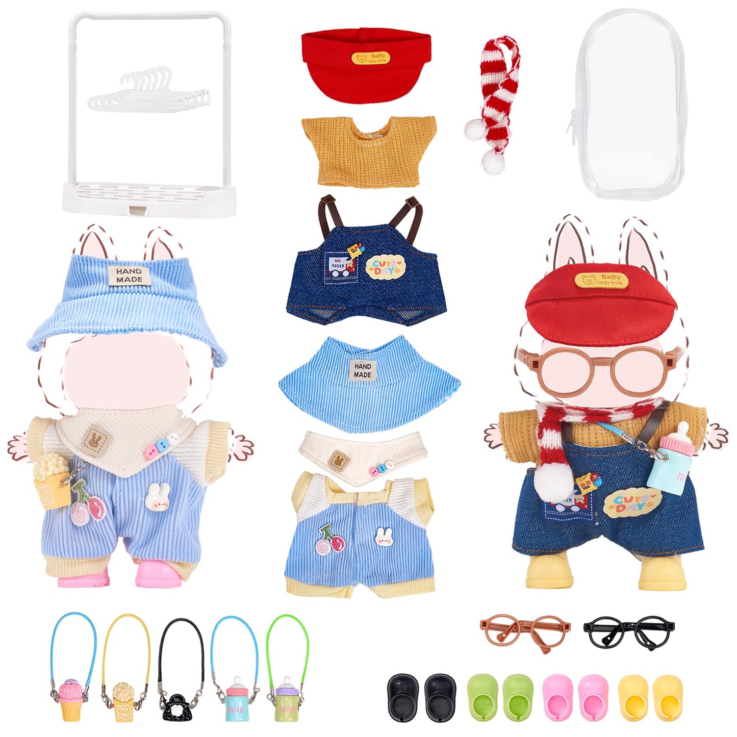 Mini Doll Clothes Accessories Set for 17cm Blind Box Figures, 4 Pairs Shoes 2 Pairs Glasses 2 Hats 4 Pendants 1 Hanger 1 Dust Bag, Fits Labubu