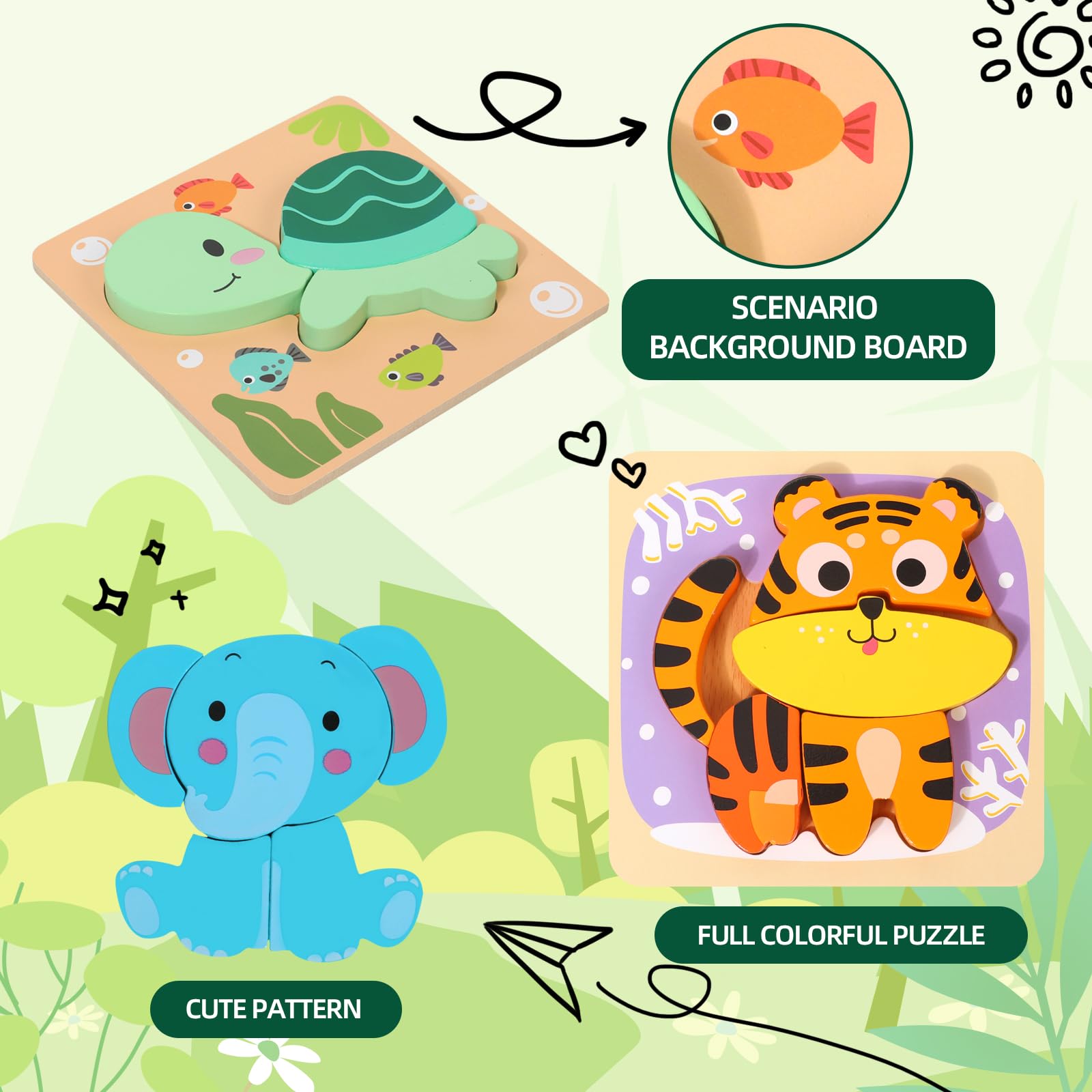 edutree Wooden Puzzles for 2-4, 6 Pack Animal Shape Puzzle Montessori Toys for 2 3 4 Year Old, Educational Learning Toys for Girls Boys