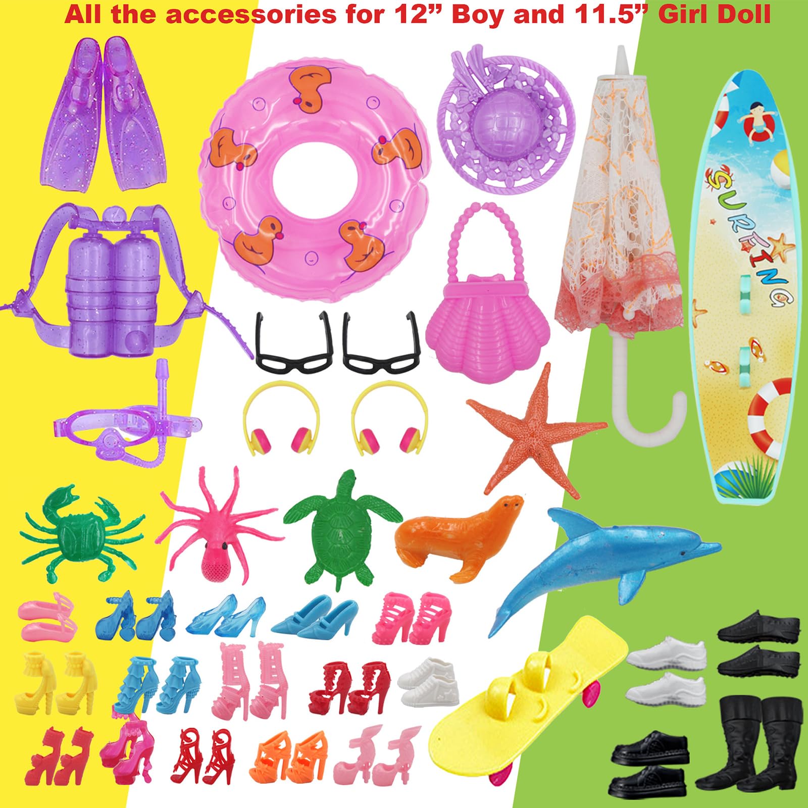 ZTWEDEN 89Pcs Doll Clothes and Accessories for 12 Inch Boy and 11.5 Inch Girl Doll Includes 32 Seaside Wear Clothes Bikini Marine Animal Surfboard
