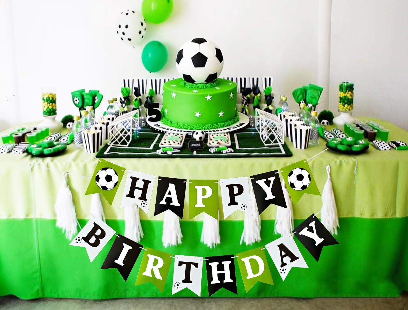 Soccer Happy Birthday Banner, Green Black White Soccer Birthday Party Decorations for Boys Girls Men Women Fans Party Supplies