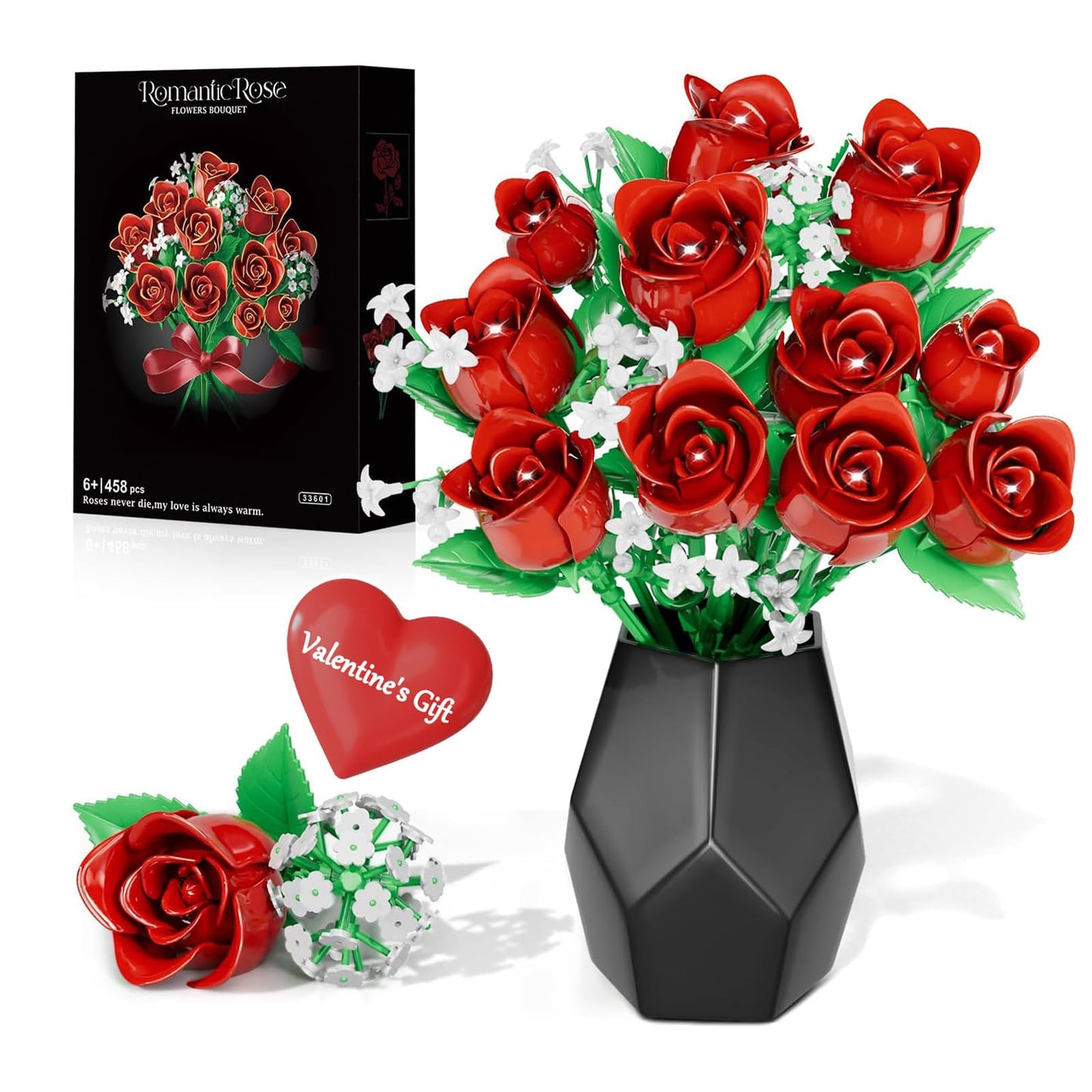 eafzv Roses Flower Bouquet Kit, Red Rose Building Flower Bouquet Kit for Adults & Kids, DIY Artificial Flowers Set for Home Decor, Botanical