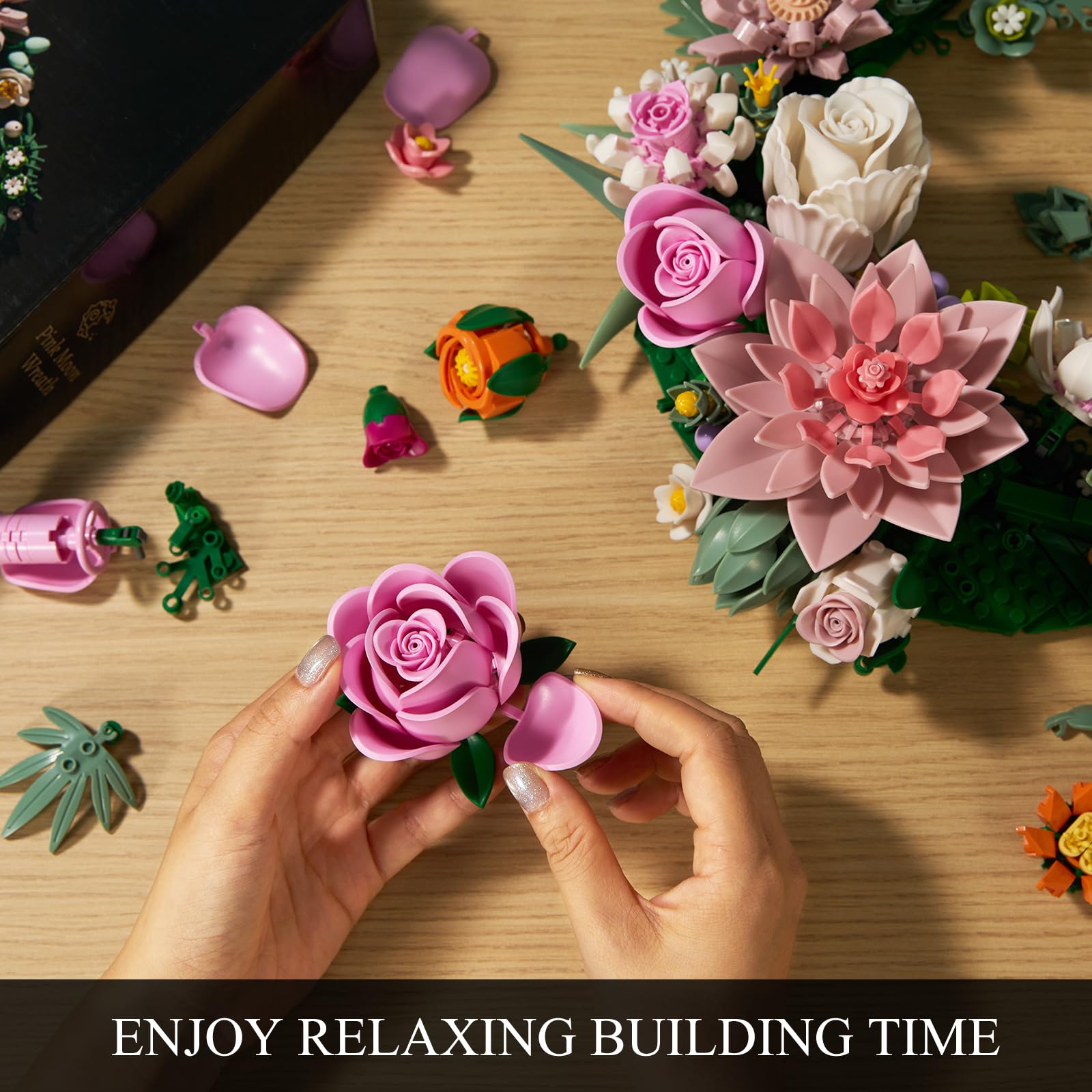 Pink Moon Flower Building Set, Dahlia Rose Bouquet Botanical Collection Building Block, Compatible with Lego Flowers for Home Wall Art Decor, Gifts