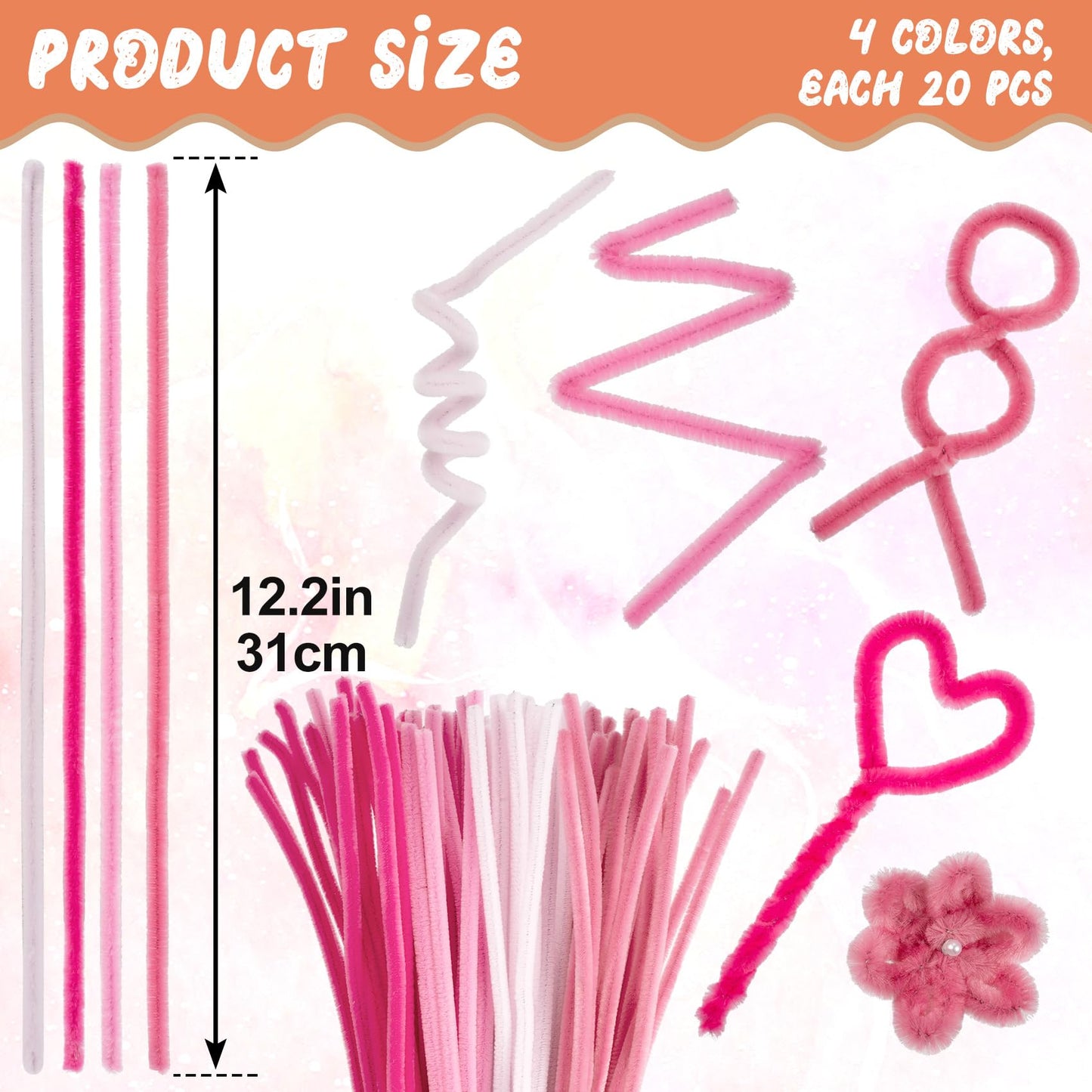 BEIQIYA 80pcs Fluffy Tube Cleaner, Thick Fluffy Fuzzy Wire Sticks Crart Supplies for Making Animals Plants Fruits Flowers Decorations- Pink