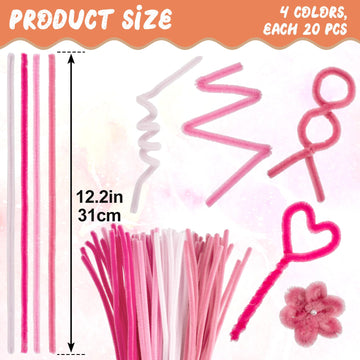 BEIQIYA 80pcs Fluffy Tube Cleaner, Thick Fluffy Fuzzy Wire Sticks Crart Supplies for Making Animals Plants Fruits Flowers Decorations- Pink
