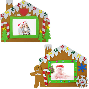 4E's Novelty Foam Gingerbread House Picture Frame Craft (4 Pack) - Self Adhesive Gingerbread House Kit, Christmas Photo Magnet Craft Kits for Kids,DIY
