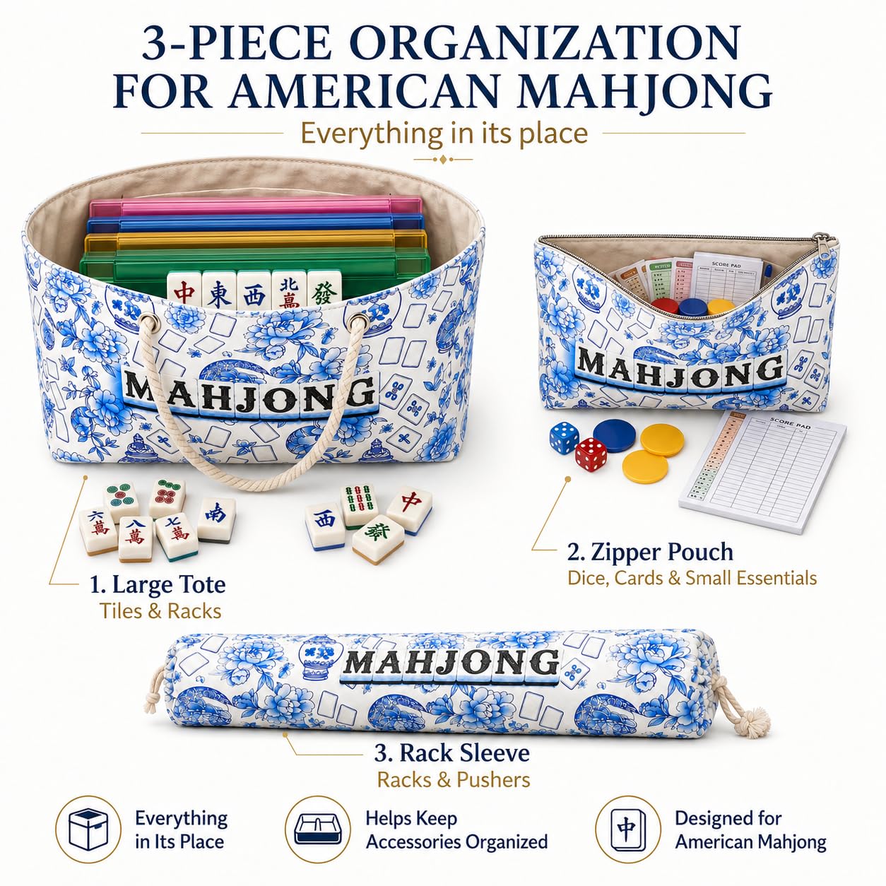 VEylixion 3 Pcs Empty American Mahjong Bags for Tiles and Racks and Mat, Blue Floral Mahjong Carrying Tote with Zipper Tile Pouch and Rack Sleeve
