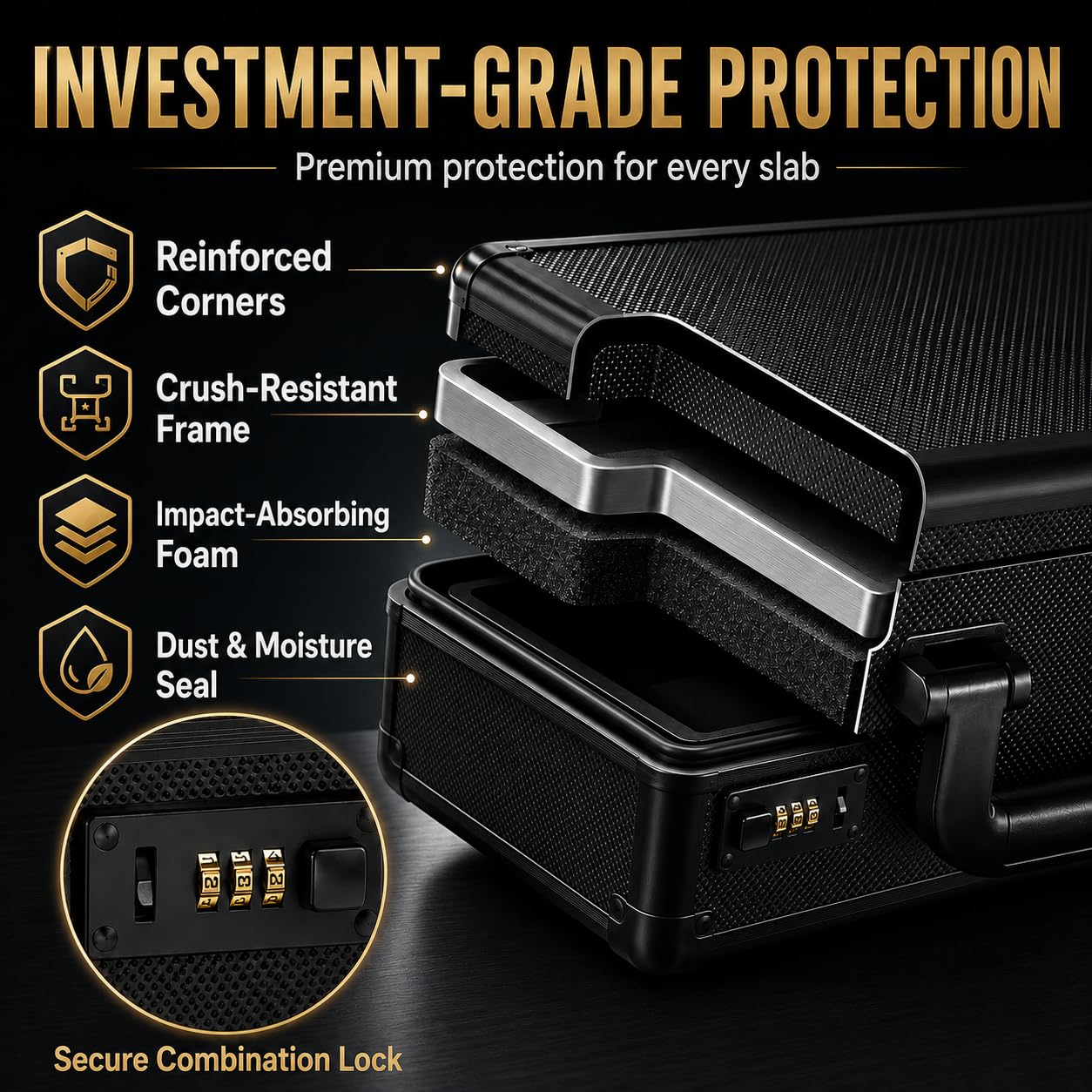 Poshy Graded Card Case - Durable PSA Slab Case with Combination Lock - 3 Row Graded Card Storage Box with 6 Foam Inserts - Compatible with PSA, GMA