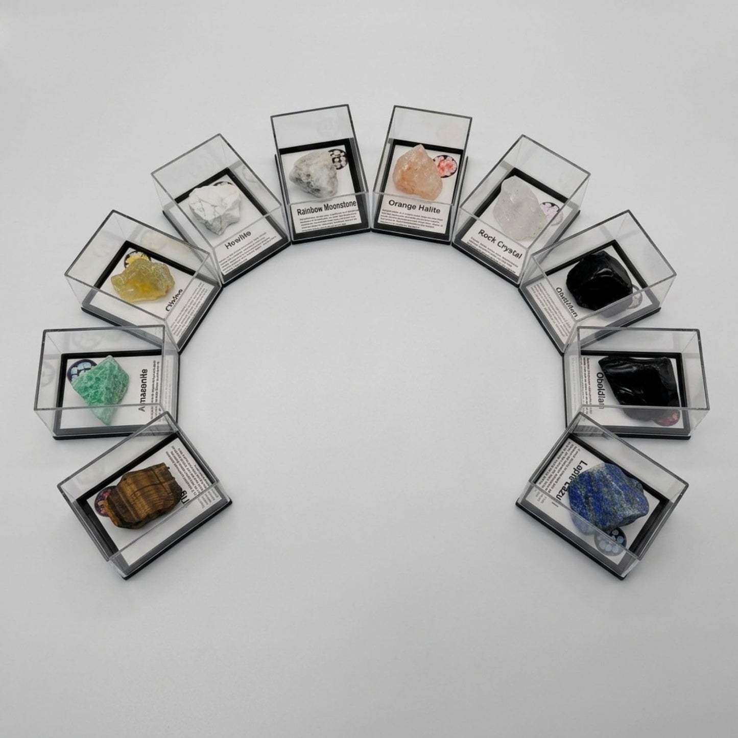 12 Pcs Natural Gemstone & Crystal Collection with Openable Acrylic Display Cases - Mineral Specimen Kit with ID Cards, Includes Amazonite, Amethyst