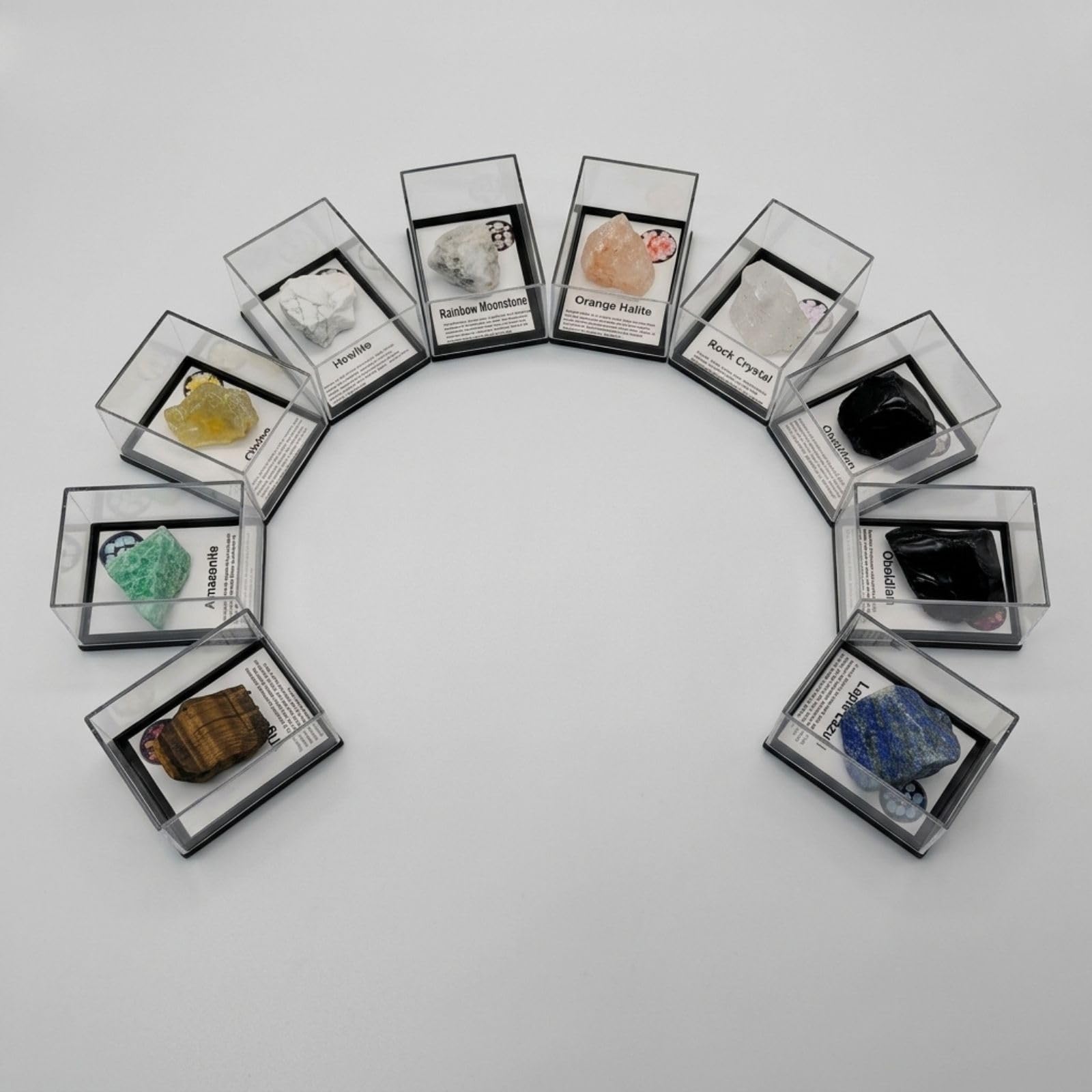 12 Pcs Natural Gemstone & Crystal Collection with Openable Acrylic Display Cases - Mineral Specimen Kit with ID Cards, Includes Amazonite, Amethyst
