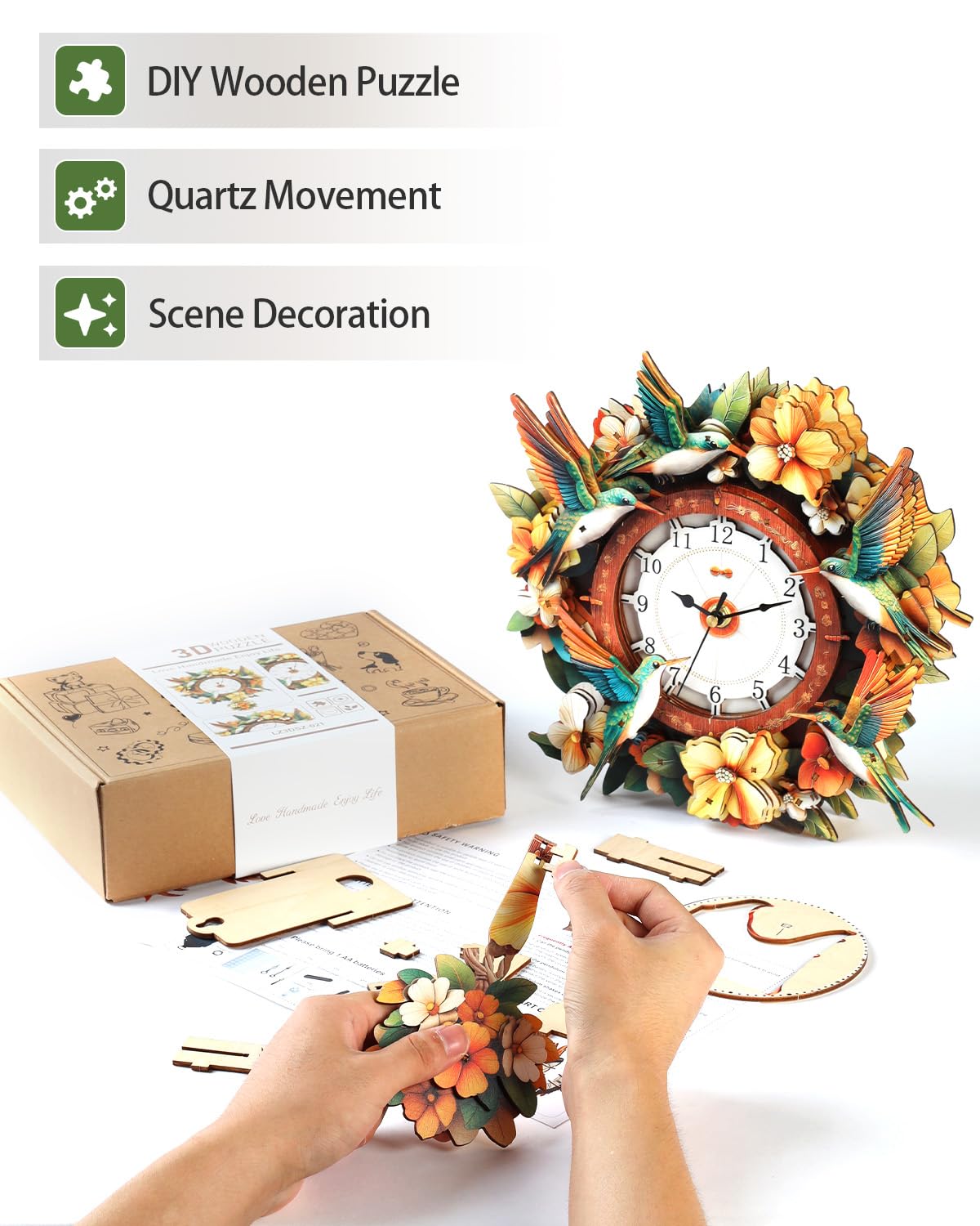 Rnfinewow 3D Wooden Puzzles for Adults, Hummingbird Clock with Pendulum Model Kit, 3D Puzzles for Adults Room Home Decor DIY Wall Clock Kit, Holiday