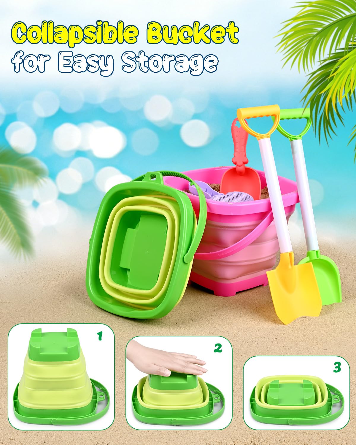Collapsible Beach Sand Toys for Kids Toddlers with Sand Bucket, Marine Animal Molds, Castle Building Molds, Shovels, Storage Mesh Bag, Travel Sand