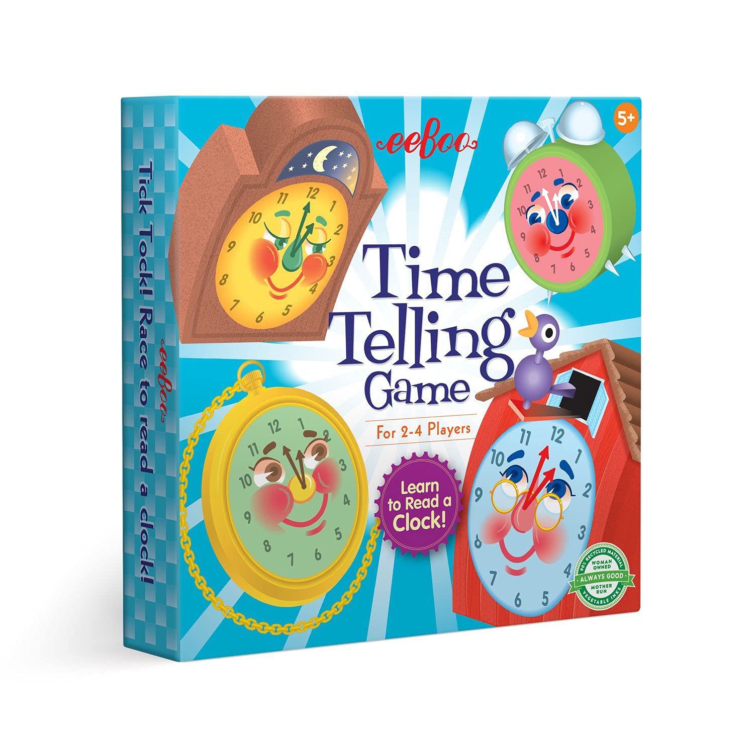 eeBoo: Time Telling Game, Learn to Read a Clock, 50 Game Cards with 4 Clocks and Score Pad, for 2-4 Players, Ages 5 and up