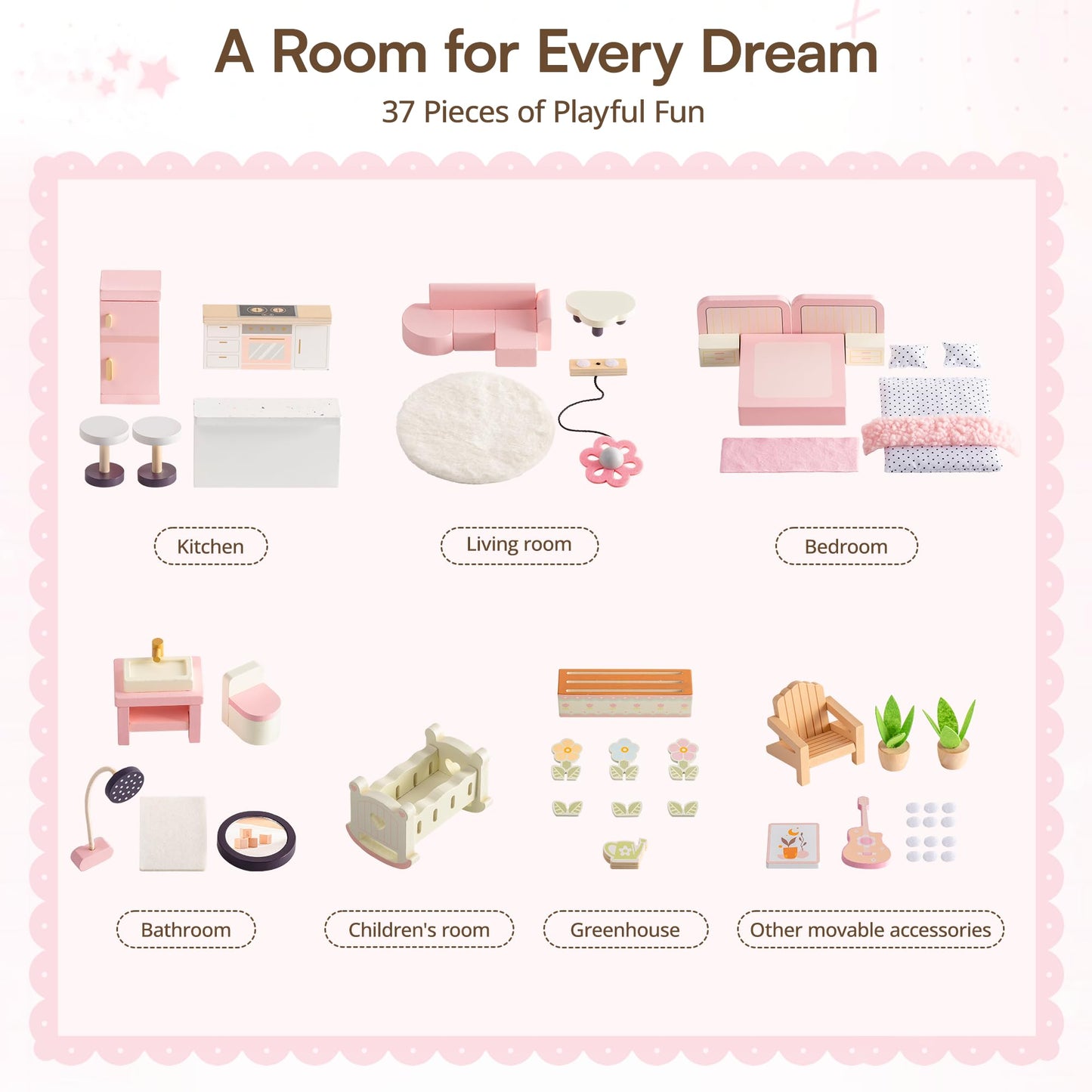 ROBOTIME Wooden Doll House, Dollhouse with 6 Open Rooms, 37 Pcs DIY Modular Doll House Furniture Accessories, Pretend Dollhouse Creative Gift for Girl