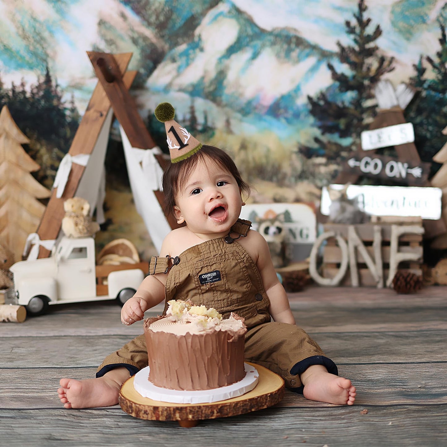 YOUAME Deer 1st Birthday Crown Hat - Woodland Camo Hunting Theme Party Decor with Antlers Outfit (Boys)