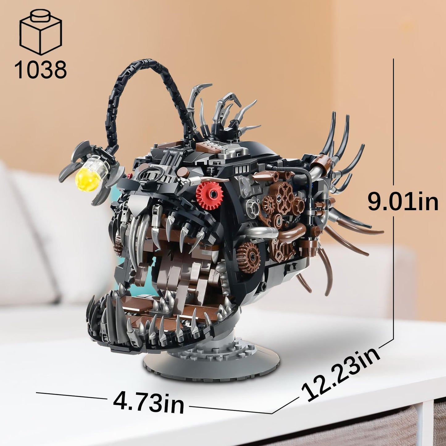 Vziimo Mechanical Lantern Fish Building Set, MOC Ocean Animal Building Kit with Light, Creative Ocean Fish Animal for Home Office Decor, STEM Gift