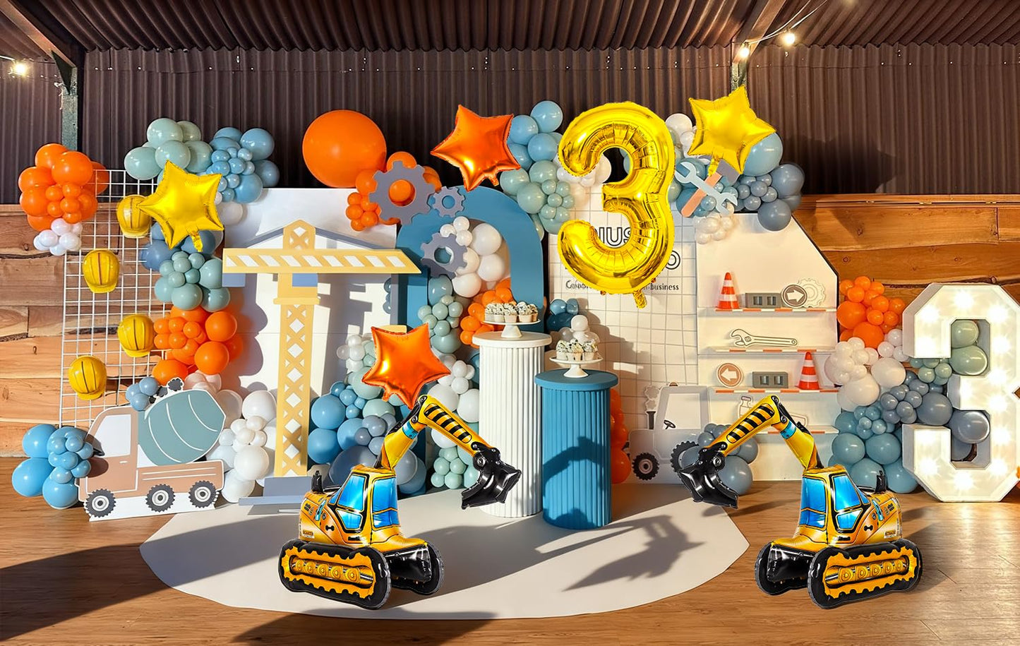 Construction Balloons, Self Standing 4D Excavator Balloon, Golden and Orange Star Balloon, Number 3 Foil Balloons for Kids 3rd Birthday Party
