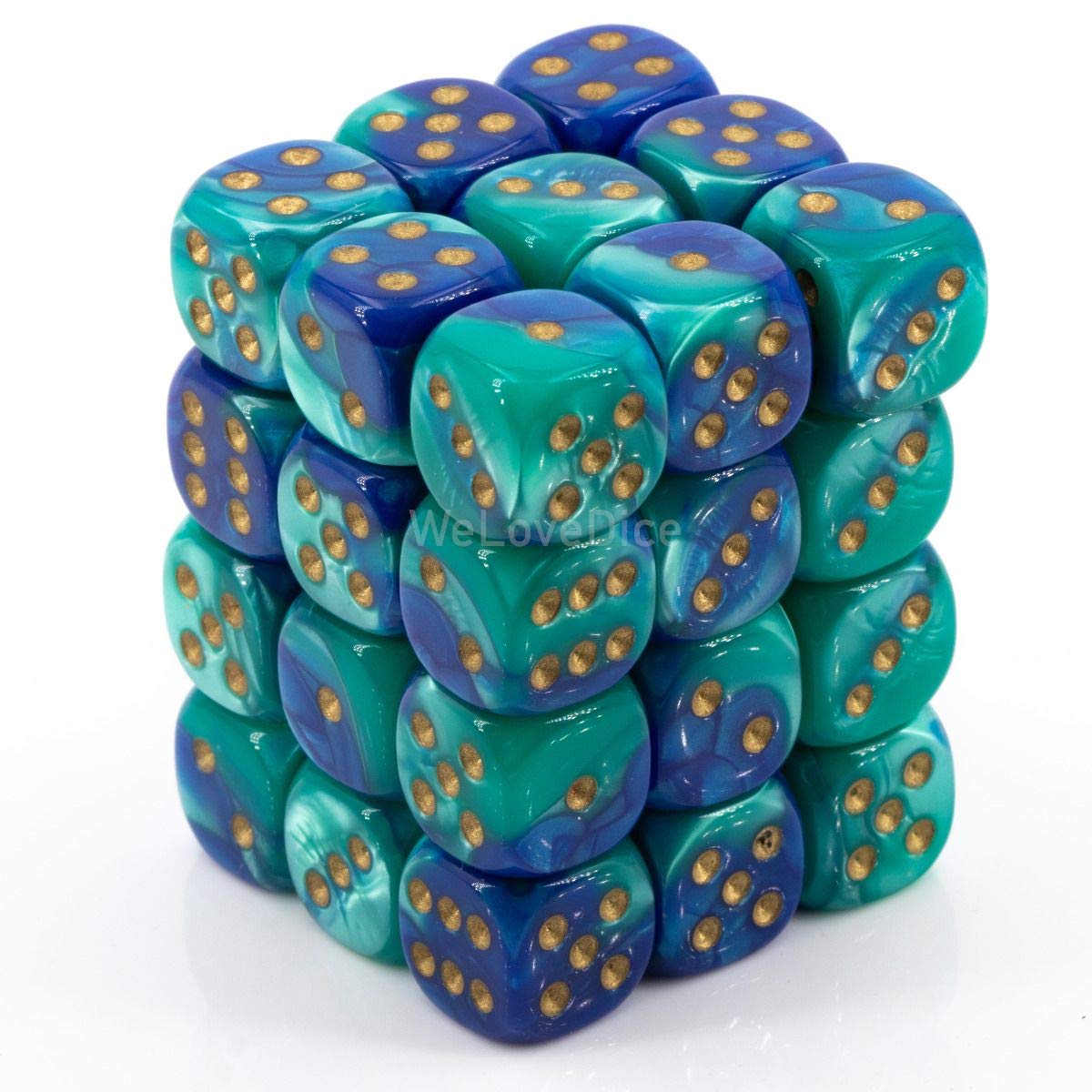 Chessex Dice d6 Sets: Gemini Blue / Teal with Gold - 12mm Six Sided Die (36) Block of Dice