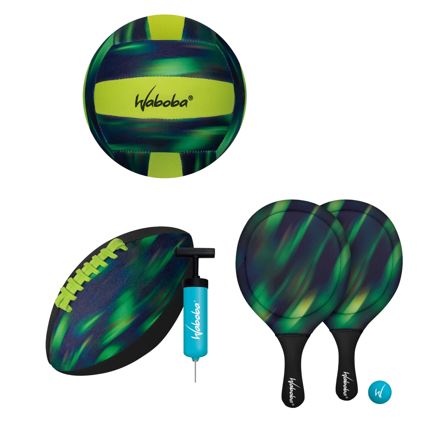 Waboba Sport Beach Pack, Green, 9 Inch Football, Volleyball & Paddle Set