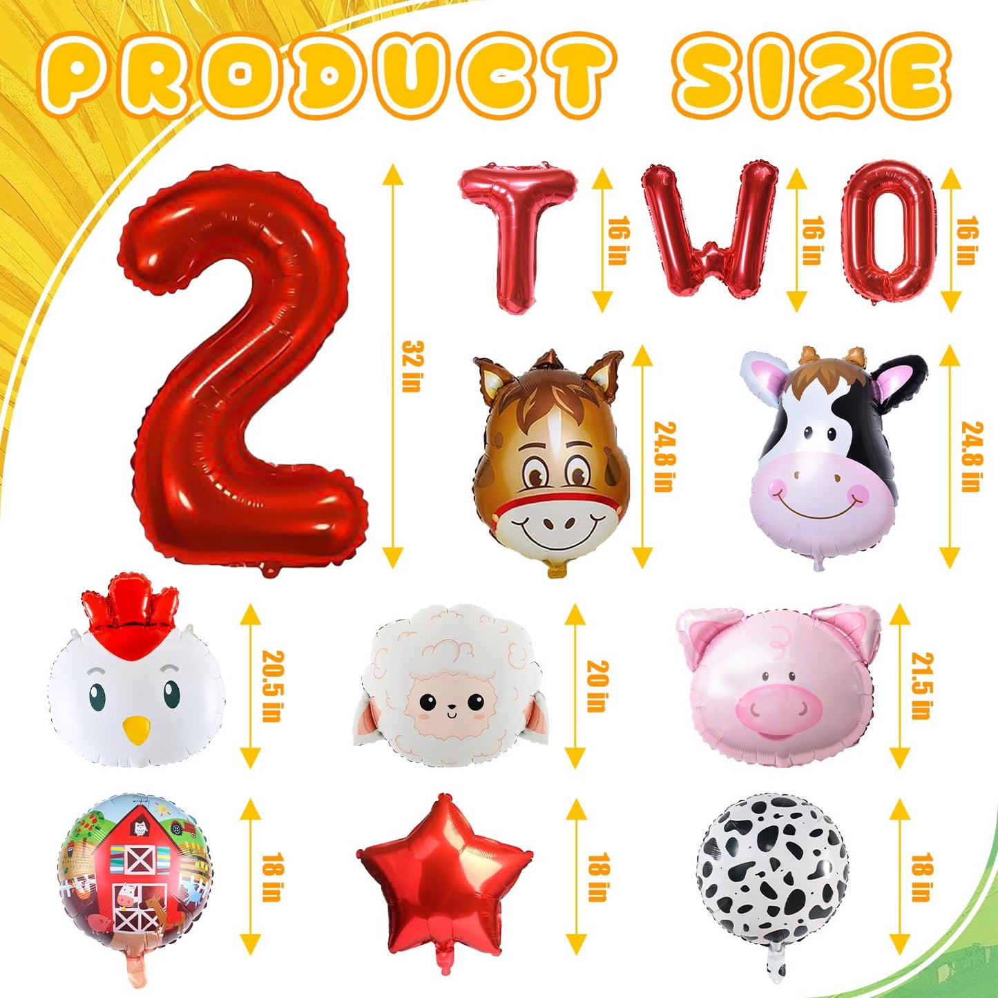 14PCS Farm Animal Balloons, Chicken Pig Donkey Cow Sheep Large Number 2 and Letter TWO Foil Balloon for 2nd Farm Animal Theme Birthday Party Decor