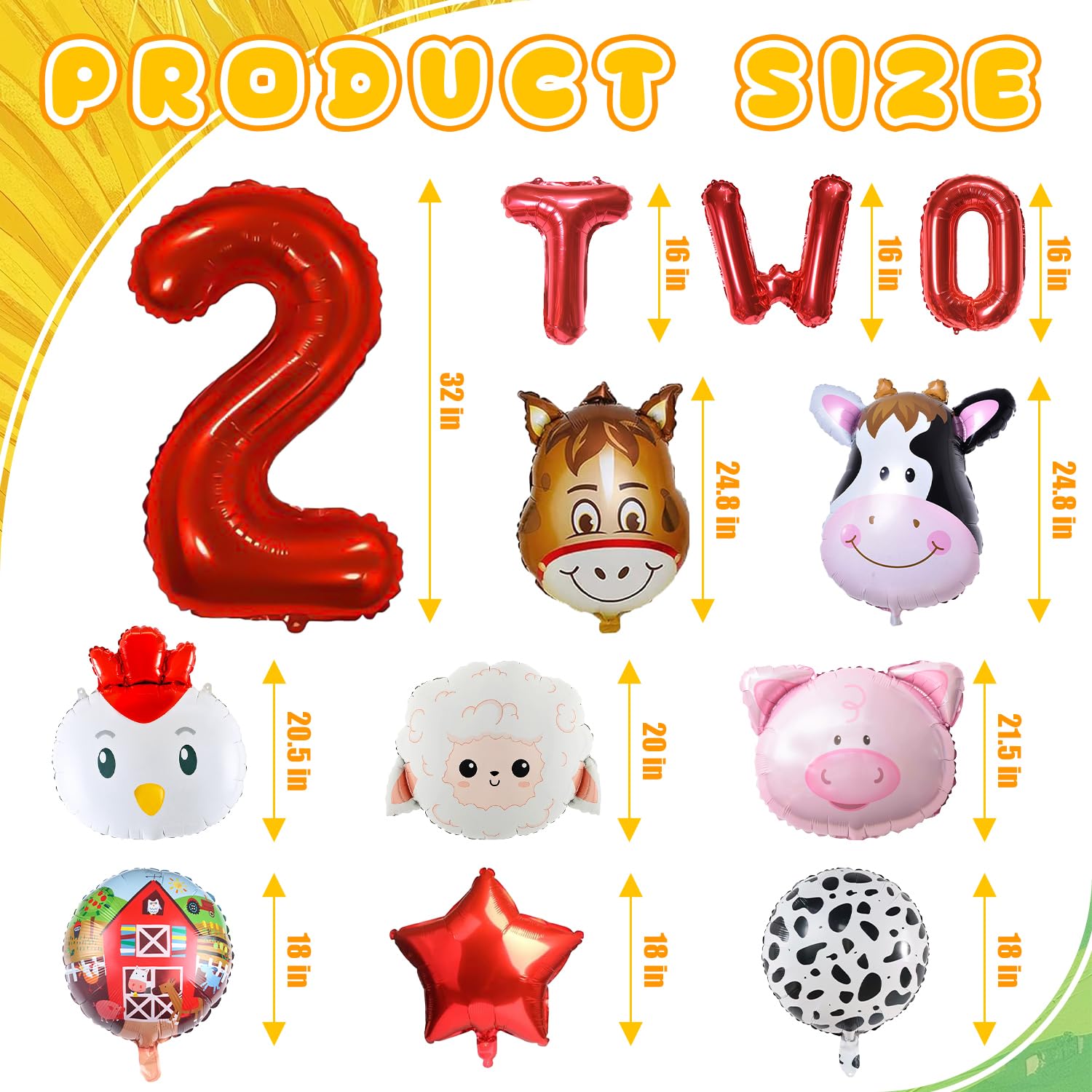 14PCS Farm Animal Balloons, Chicken Pig Donkey Cow Sheep Large Number 2 and Letter TWO Foil Balloon for 2nd Farm Animal Theme Birthday Party Decor