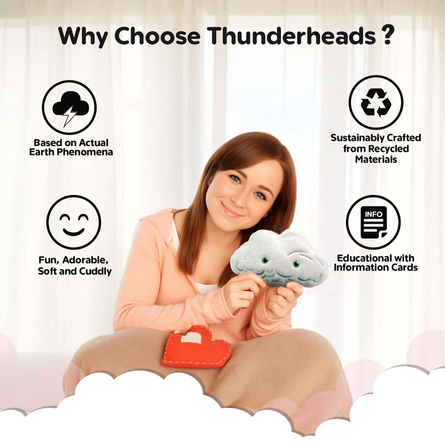 Thunderheads Cumulus Cloud Plushie, Weather-Inspired Soft Collectible with Fun Fact Card for Earth Education, Eco-Conscious Science Gift for Families