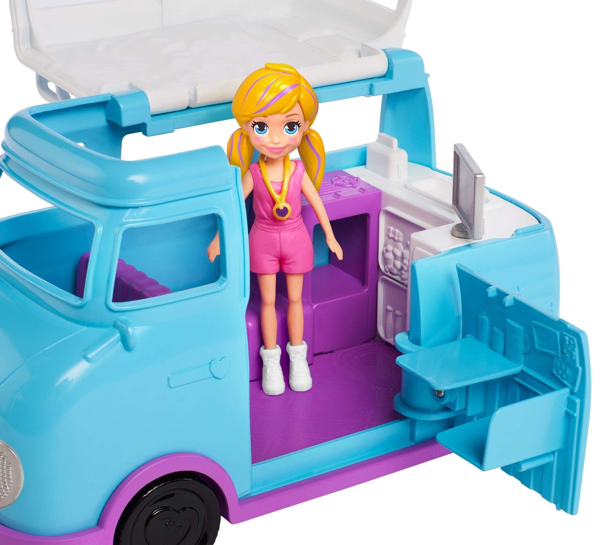 Polly Pocket Glamping Van with Dual Camping for 3-inch Polly Doll & Micro Polly Doll; Van Opens to Living Area & Trunk Opens to Micro Living Area Plus
