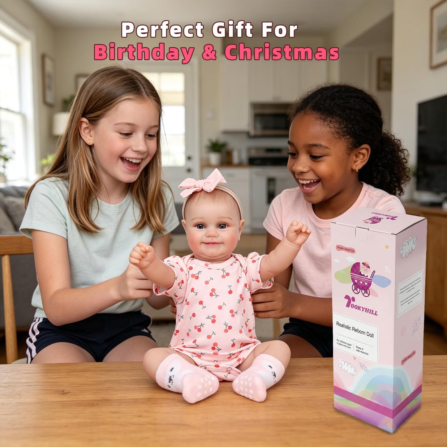 Tookyhill Reborn Baby Dolls- 18 Inch Full Vinyl Realistic Baby Doll Poseable Smiling Real Life Baby Girl with Blue Eyes, Pink Cherry Outfit & Headband