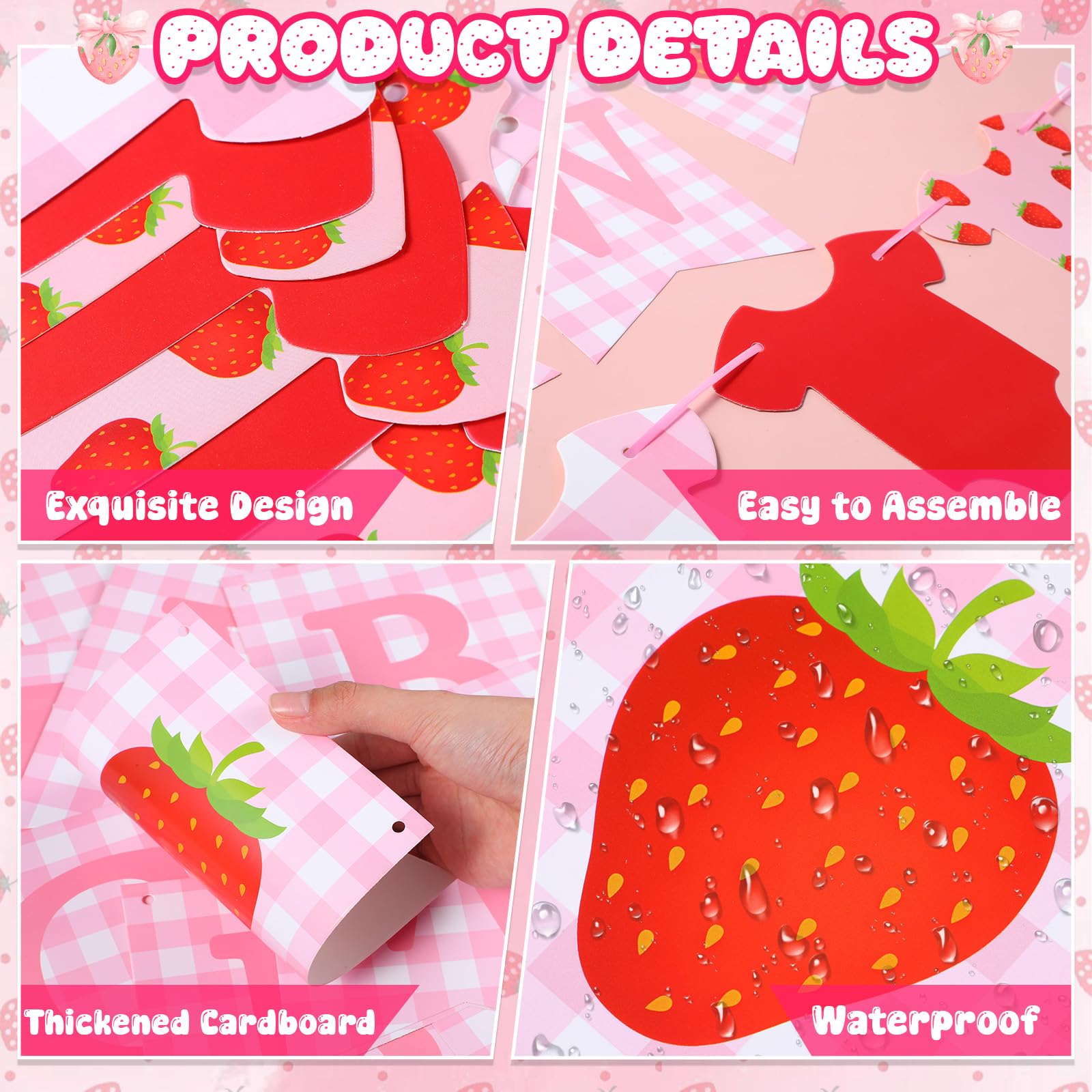 Maitys 3 Pcs Strawberry Baby Shower Decorations Girl Banners Pink Gingham Paper Garland with Baby Clothes Shaped Bunting for Girl Strawberry Birthday