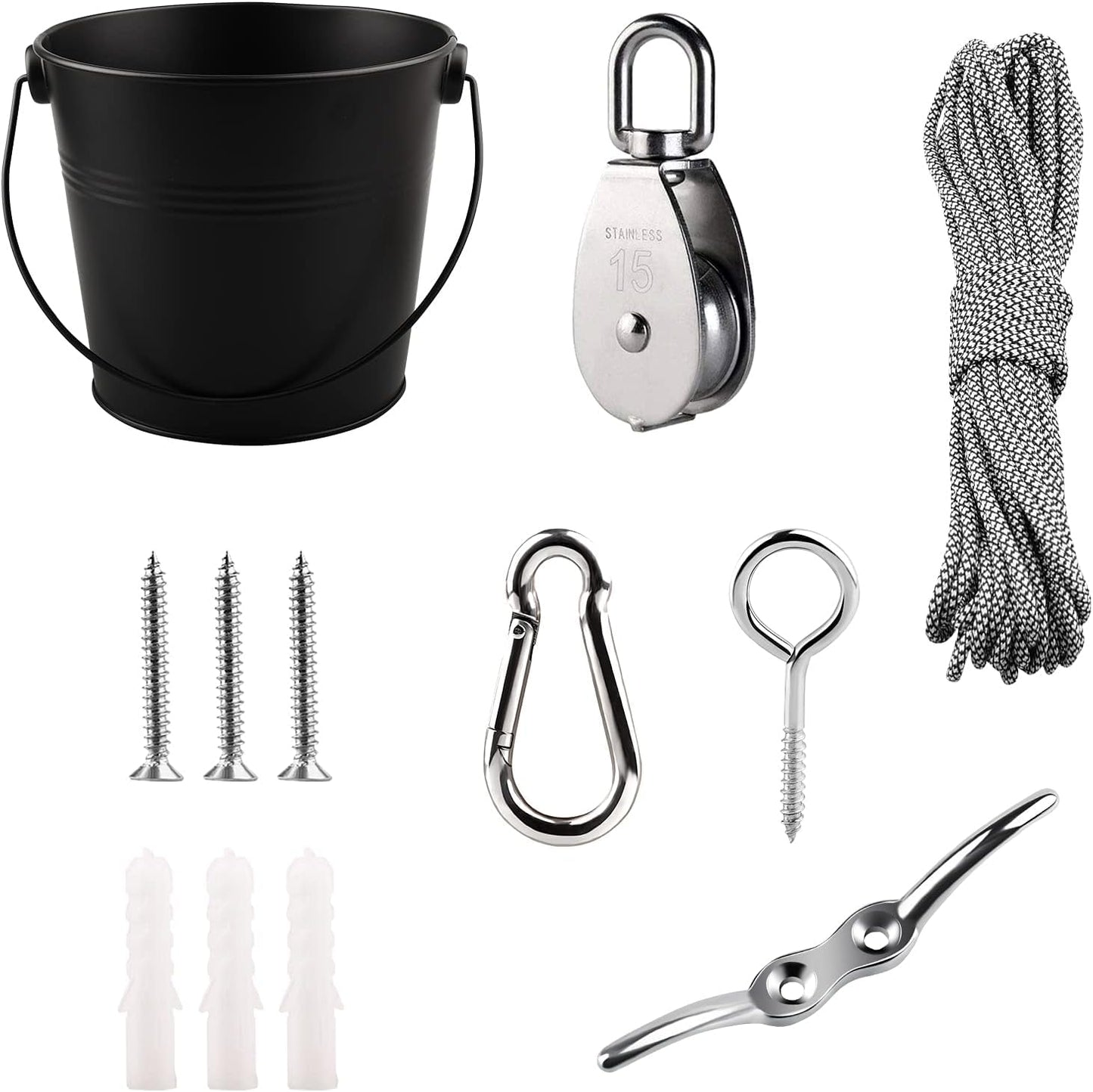 FUQUN Treehouse Pulley System with Bucket Cable - Kids Playhouse & Pirate Ship Accessories for Outdoor Play, Heavy-Duty Climbing Bucket (Black)