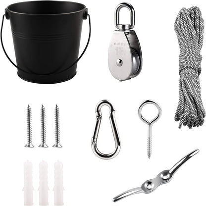 FUQUN Treehouse Pulley System with Bucket Cable - Kids Playhouse & Pirate Ship Accessories for Outdoor Play, Heavy-Duty Climbing Bucket (Black)