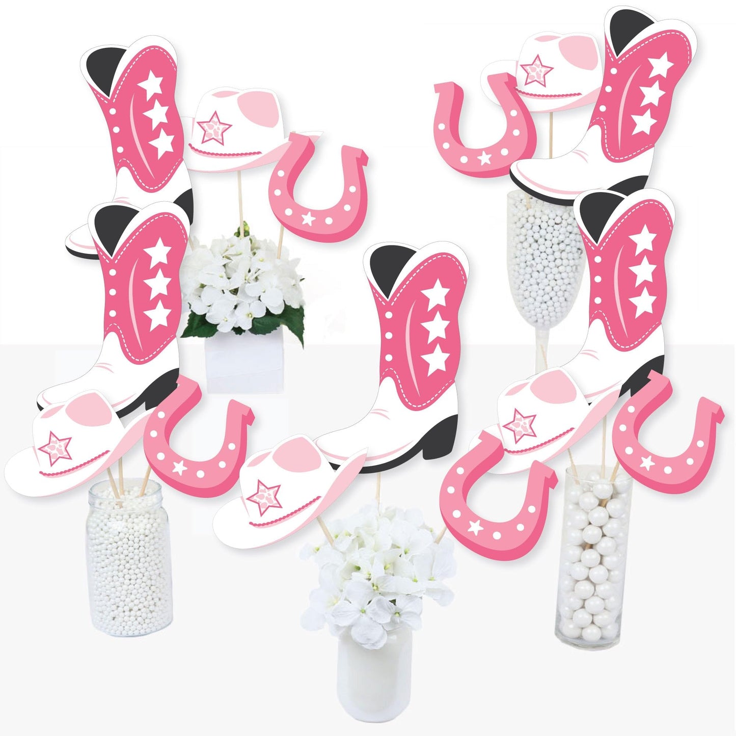 Big Dot of Happiness Rodeo Cowgirl - Pink Western Party Centerpiece Sticks - Table Toppers - Set of 15