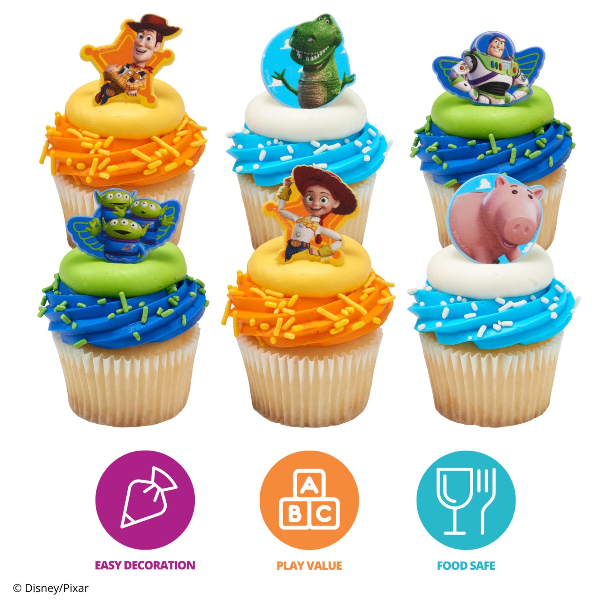 Disney & Pixar Toy Story Cupcake Rings, 24 Toy Story Cake Decorations Featuring Woody, Buzz Lightyear, Jessie, Rex, Hamm, & Aliens! Food Safe - 24