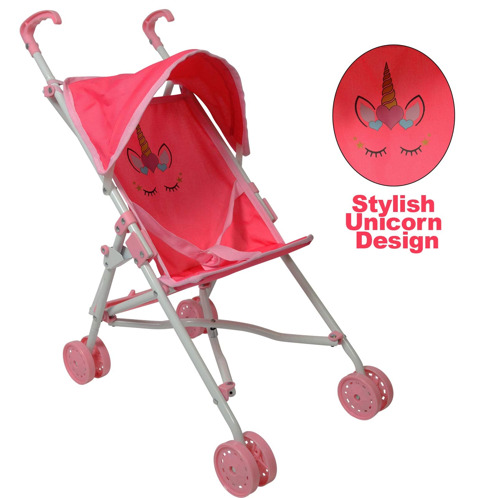 My First Baby Doll Stroller for Toddlers 1-3 Year Old Girls, Little Kids | Toy Stroller with Bottom Storage Basket, Foldable Frame, Canopy, Seatbelt