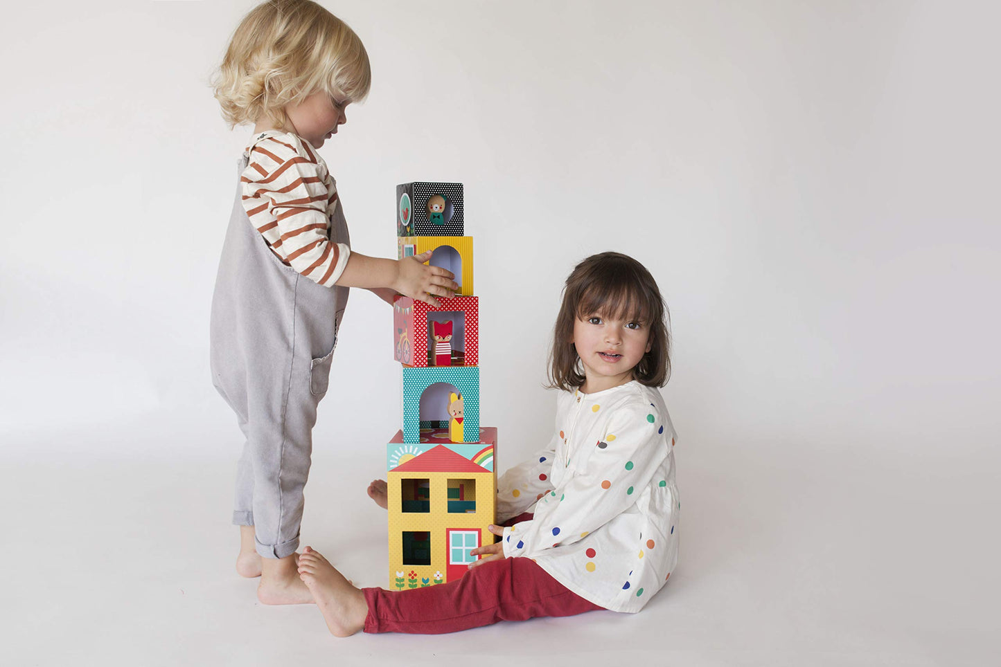 Petit Collage Peek-A-Boo Nesting and Stacking Blocks Playset, Includes 4 Stacking Boxes and 3 Wooden Characters - Easy Storage and Cute Illustrations