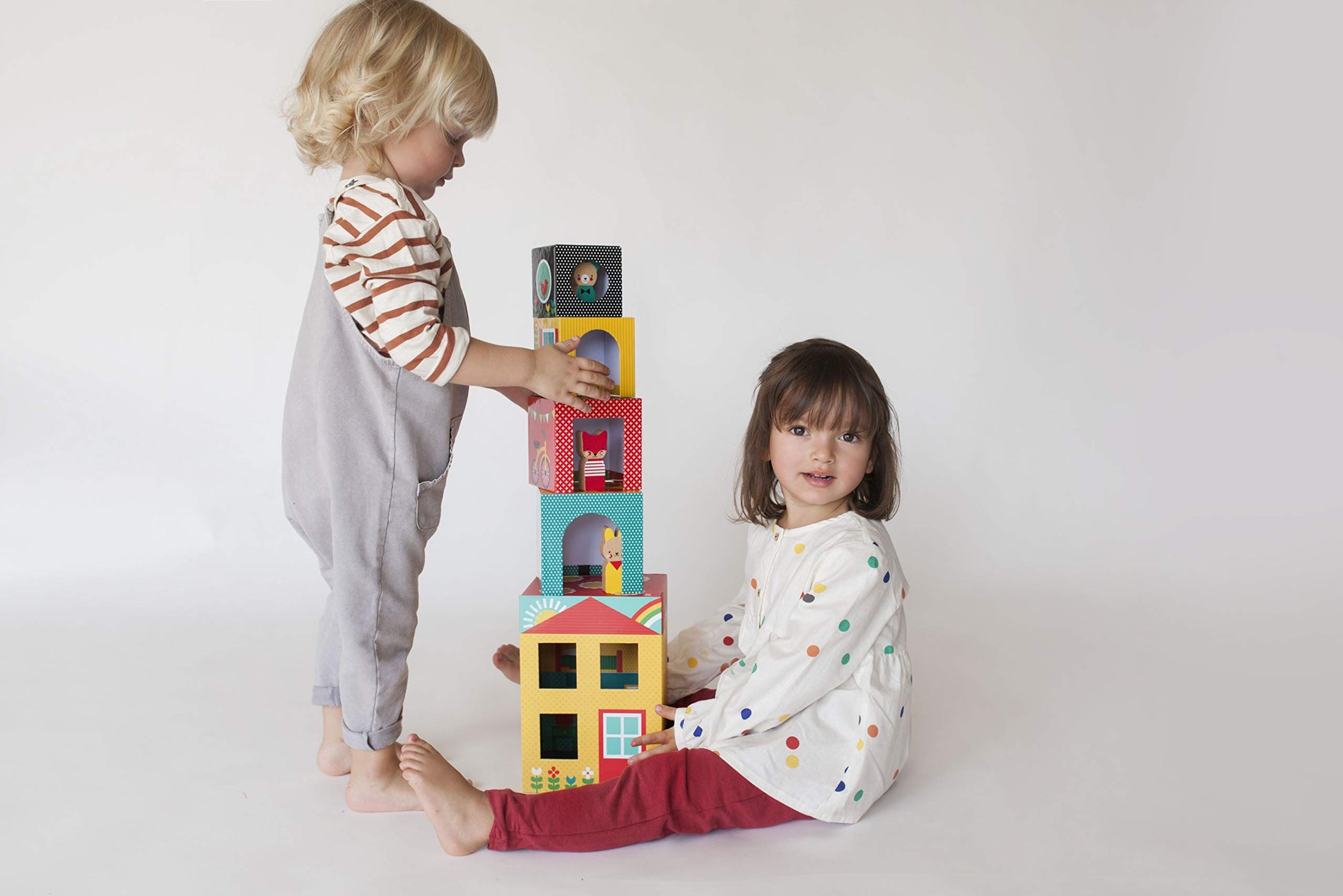 Petit Collage Peek-A-Boo Nesting and Stacking Blocks Playset, Includes 4 Stacking Boxes and 3 Wooden Characters - Easy Storage and Cute Illustrations